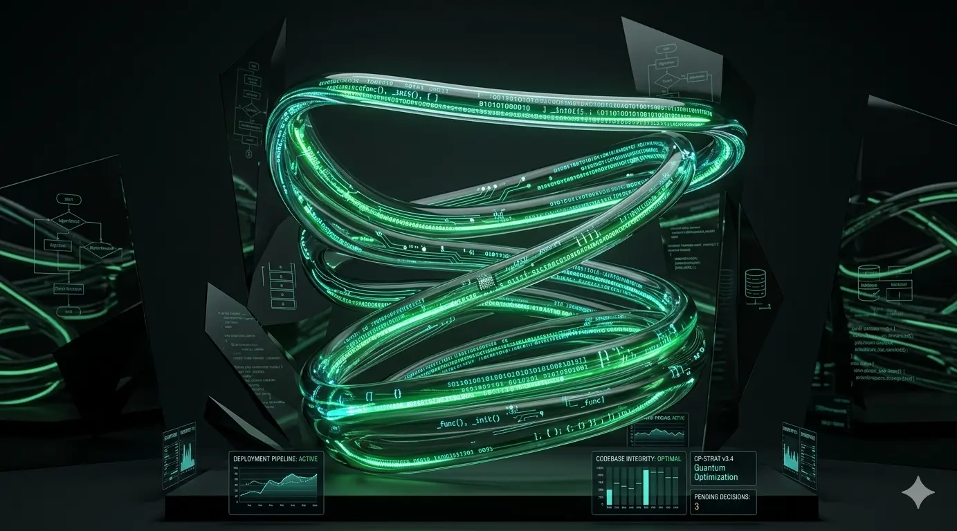 abstract architectural 3d render with glass shards and neon green light ribbons in a dark void