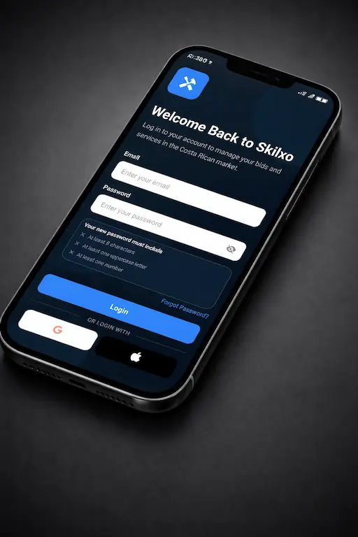 UI/UX design of a high-end mobile application showing skill tracking and professional development icons
